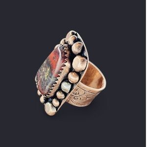 Freeform Bloodstone Mixed Metal Ring | Etched Copper & Sterling Accents (12.5)